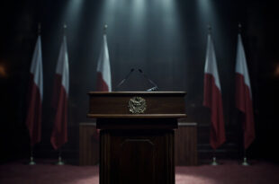 Empty wooden podium with microphone and Czech presidential seal in formal government chamber