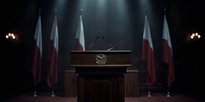 Empty wooden podium with microphone and Czech presidential seal in formal government chamber