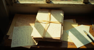 Aged handwritten letters with fountain pen and ink bottle on wooden desk surface with soft natural lighting