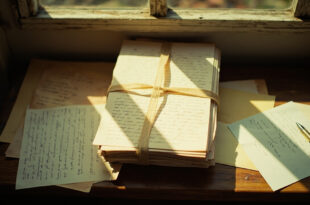 Aged handwritten letters with fountain pen and ink bottle on wooden desk surface with soft natural lighting