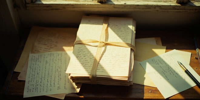 Aged handwritten letters with fountain pen and ink bottle on wooden desk surface with soft natural lighting