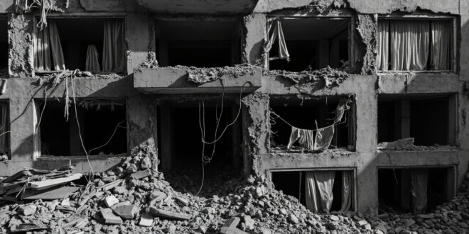 Concrete apartment building with shrapnel damage, broken windows, and large hole in upper floor surrounded by rubble