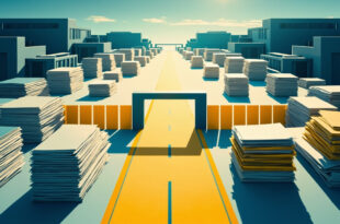 Empty administrative office with two distinct stacks of folders in blue and beige tones on desk surface