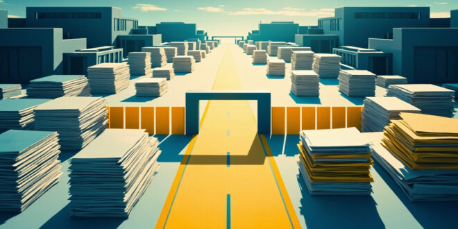 Empty administrative office with two distinct stacks of folders in blue and beige tones on desk surface