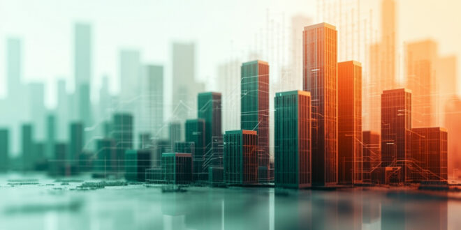 Bar chart data visualization with city skyline silhouettes showing survey percentages in gray and green tones