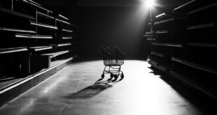 Empty metal shopping cart alone in vacant grocery store aisle under harsh fluorescent lights
