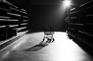 Empty metal shopping cart alone in vacant grocery store aisle under harsh fluorescent lights