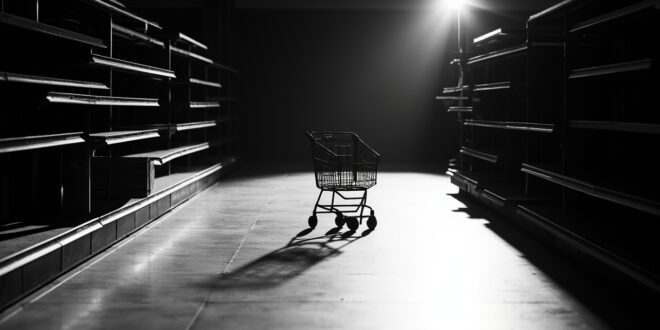 Empty metal shopping cart alone in vacant grocery store aisle under harsh fluorescent lights
