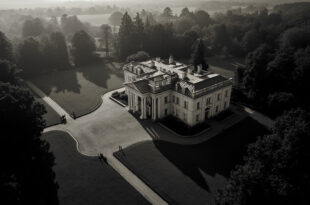 Aerial view of large white mansion with green fields, trees, and vehicles parked on gravel driveway
