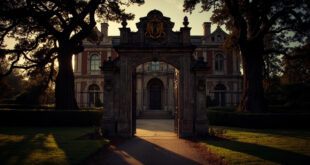 Stone mansion with closed ornate doors, formal gardens, iron gates, and tall trees in fading light