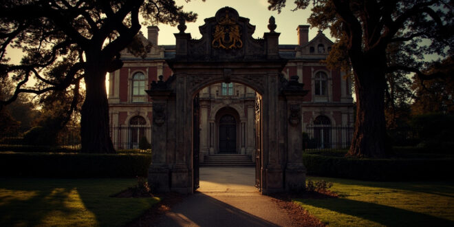 Stone mansion with closed ornate doors, formal gardens, iron gates, and tall trees in fading light