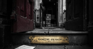 Brass nameplate and envelope on stone steps of grand estate entrance with iron gates ajar under overcast sky