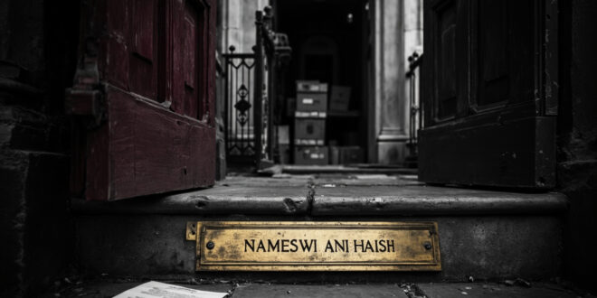 Brass nameplate and envelope on stone steps of grand estate entrance with iron gates ajar under overcast sky