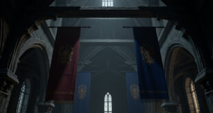 Three ceremonial banners hanging in Gothic chapel interior with visible gap where fourth banner was removed