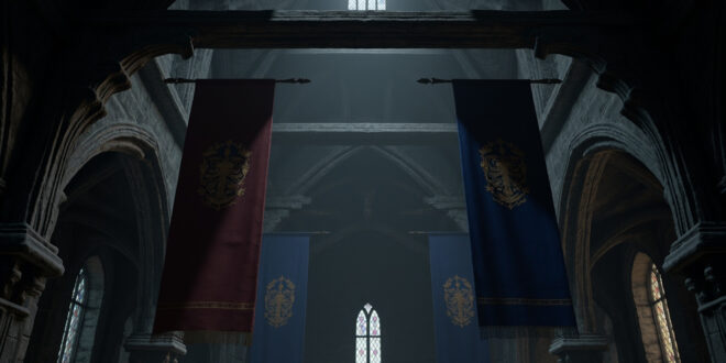 Three ceremonial banners hanging in Gothic chapel interior with visible gap where fourth banner was removed