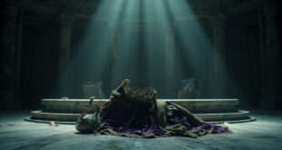 Ceremonial crown and royal regalia sit abandoned on marble surface in grand palace room with stone walls