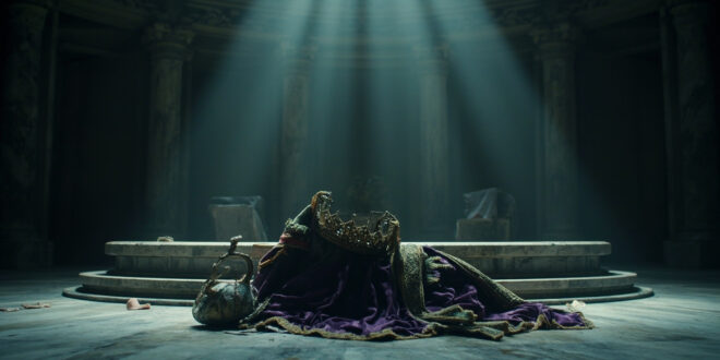 Ceremonial crown and royal regalia sit abandoned on marble surface in grand palace room with stone walls