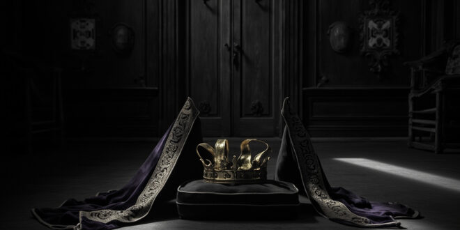 Golden ducal coronet and ceremonial Order of the Garter insignia on dark wood surface in dim historic chamber