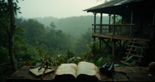 Open field journal and binoculars on wooden platform overlooking misty forest canopy in African rainforest setting.