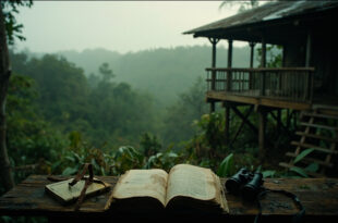 Open field journal and binoculars on wooden platform overlooking misty forest canopy in African rainforest setting.