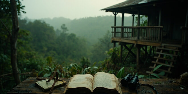 Open field journal and binoculars on wooden platform overlooking misty forest canopy in African rainforest setting.