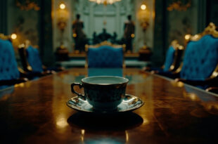 Empty ornate chairs and formal tea service in palace room with royal blue and gold decor
