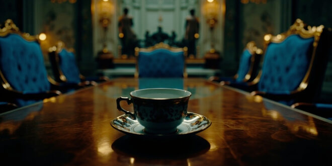 Empty ornate chairs and formal tea service in palace room with royal blue and gold decor