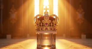 Ornate jeweled crown positioned on modern glass stand in castle interior with gothic windows