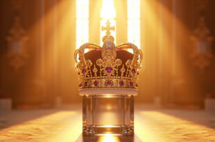 Ornate jeweled crown positioned on modern glass stand in castle interior with gothic windows