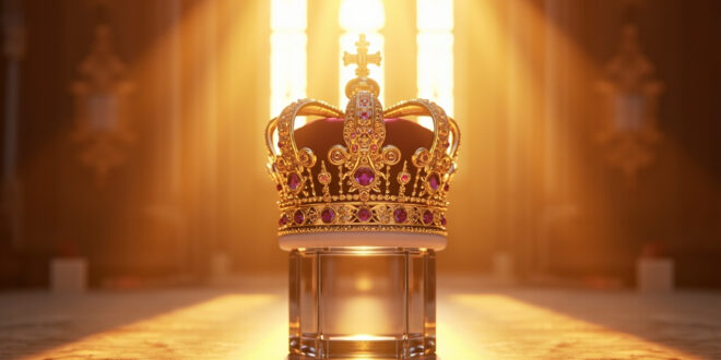 Ornate jeweled crown positioned on modern glass stand in castle interior with gothic windows