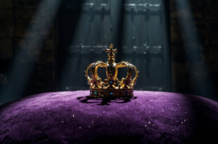 Gold crown on purple velvet cushion in dark stone palace room with heavy closed wooden doors