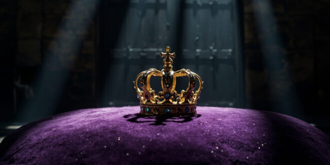 Gold crown on purple velvet cushion in dark stone palace room with heavy closed wooden doors