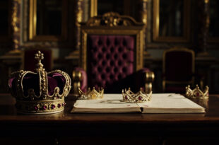 Two ornate tiaras flanking empty throne chair with royal documents and gilded architectural details in palace setting
