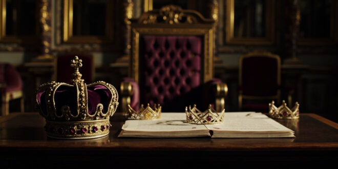 Two ornate tiaras flanking empty throne chair with royal documents and gilded architectural details in palace setting
