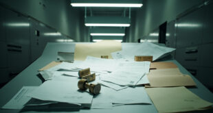 Empty government office desk with stacks of official documents, rubber stamps, and filing cabinets in background.