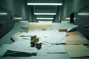 Empty government office desk with stacks of official documents, rubber stamps, and filing cabinets in background.