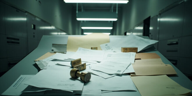 Empty government office desk with stacks of official documents, rubber stamps, and filing cabinets in background.