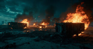 Burning police vehicle with smoke and debris scattered across empty urban street at night