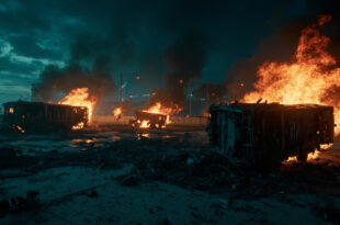 Burning police vehicle with smoke and debris scattered across empty urban street at night