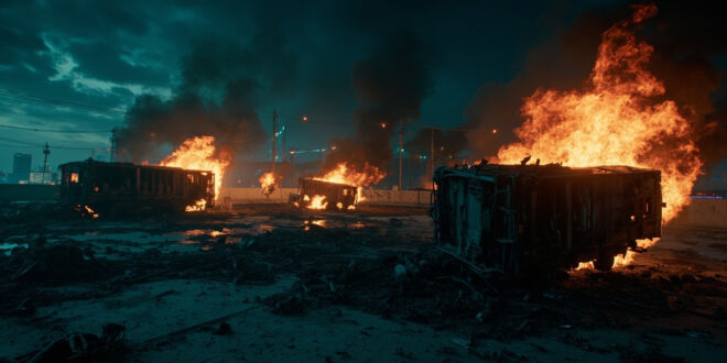 Burning police vehicle with smoke and debris scattered across empty urban street at night