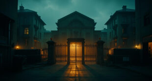 Closed synagogue gates with security barriers in urban setting, empty courtyard visible beyond metal fencing