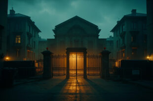 Closed synagogue gates with security barriers in urban setting, empty courtyard visible beyond metal fencing