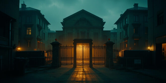 Closed synagogue gates with security barriers in urban setting, empty courtyard visible beyond metal fencing