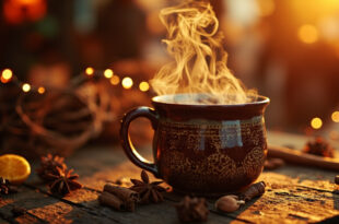 Steaming mug of mulled wine on wooden stall with cinnamon sticks, star anise, and glowing string lights in background