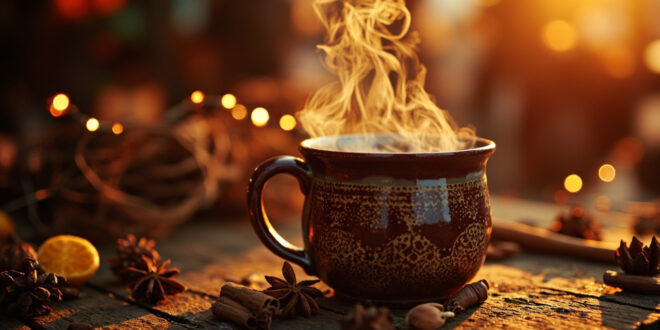Steaming mug of mulled wine on wooden stall with cinnamon sticks, star anise, and glowing string lights in background