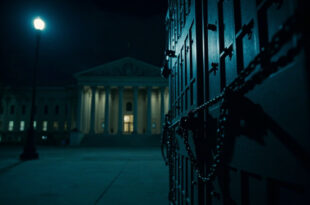 Chained doors of a neoclassical government building under dramatic lighting with empty plaza