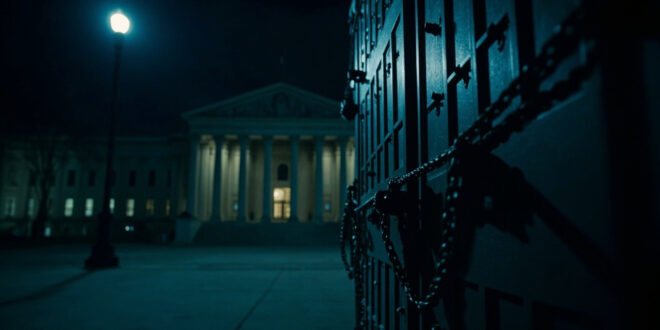 Chained doors of a neoclassical government building under dramatic lighting with empty plaza