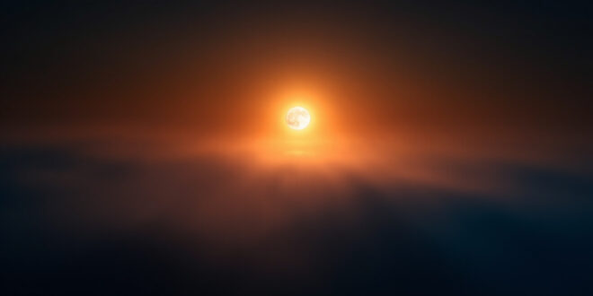 Large full moon glowing orange-amber near horizon against dark indigo night sky with atmospheric gradient