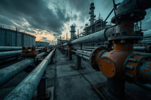 Oil refinery with storage tanks and pipelines under dramatic overcast sky