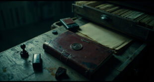 Closed registry book with official seal on desk, surrounded by rubber stamps and inkpads in dim institutional office